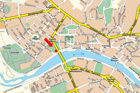 Prismatron, Prism  in Uzhgorod, 3x6  Druzbi Narodiv pl. /  Students'ka Naberezna st., pered mostom, v bik Hmel'nic'kogo pl. - 448771 scheme