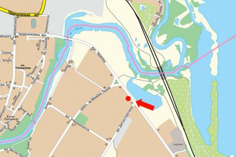 Billboard B in Sumi, 3x6  Geroiv Krut st. (kol. Cerepina st.) / Sirka st. (kol. Korotcenka st.), bila supermarketu "Ekomarket" scheme