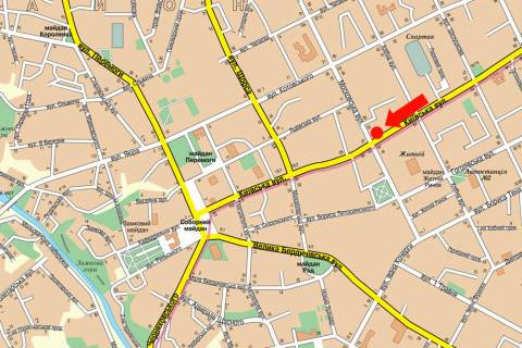 Citylight  in Zhytomyr, 1.8x1.2  Kiivs'ka st., 39 / Nebesnoi Sotni st. (kol. Moskovs'ka st.), bila CUMu, magazinu "Plato", na svitlofori scheme