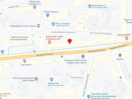 Video Billboard A in Ternopil Rus'ka st., 19, apteka "Volin'farm", prajs za rolik 10 sek 1 vihid/5 hvilin, na dvostoronn'omu ekrani, vid 144 vihodiv na den'. Rozrahunok dla insih parametriv translacii utocnujte u menedzera. - 301523 scheme