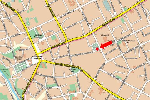 Citylight A in Zhytomyr, 1.8x1.2  Latosins'kogo st. / Nebesnoi Sotni st. (kol. Moskovs'ka st.), bila rinku "Zitnij" scheme