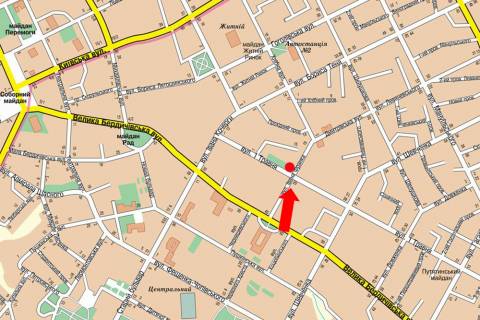 Billboard B in Zhytomyr, 3x6  1-go Travna st. / Franka st., bila mis'koi polikliniki No1 scheme