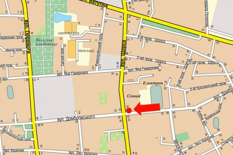 Billboard A in Zhytomyr, 3x6  Pokrovs'ka st. (kol. Sorsa st.) / Dombrovs'kogo st., bila "Sinnogo rinku" scheme