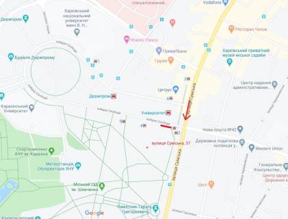 Video Billboard A in Kharkiv Sums'ka st., 37, fasad Palacu pioneriv, v storonu pl. Voli, prajs za translaciu rolika dovzinou 10 sek, 8:00-22:00, 1 vihid/5 hvilin (168 vihodiv/den'). Rozrahunok insih konfiguracij utocnujte u menedzera. - 291248 scheme