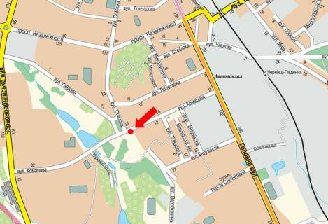 Citylight B in Chernivtsi, 1.8x1.2  Serhiya Skalʹda st. / Vorobkevica st., bila gotelu "Ceremos", v bik Geroiv Majdanu st. (kol. Cervonoarmijs'ka st.) scheme