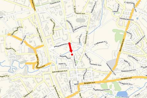 Billboard A in Kalush, 3x6  Evsana st. / Septic'kogo pl., bila supermarketu "Comfy", rajon Stozari scheme