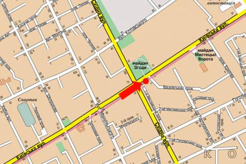 Citylight  in Zhytomyr, 1.8x1.2  Kiivs'ka st., 98 / Zgodi pl., navproti TC "Armarok", supermarketu "El'dorado" scheme