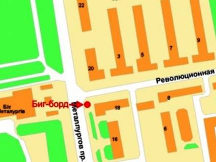 Billboard B in Krivy Rig, 3x6  Metalurgiv av., 18 - Til'gi (kol. Revolucijna) st., stadion "Metallurg", u bik Krivorizstali (kol. Ordzonikidze) st., verhnij scheme