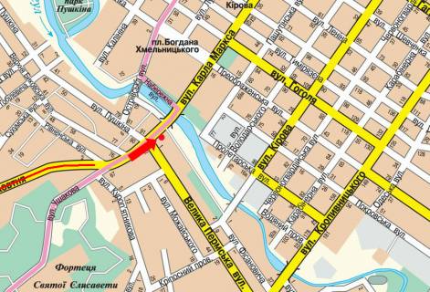 Citylight  in Kropyvnytskyi (Kirovograd), 1.8x1.2  Soborna st. (kol. 50-ricca Zovtna st.) / V. Perspektivna st. (kol. Marksa st.), bila mostu cerez r. Ingul, v centr scheme