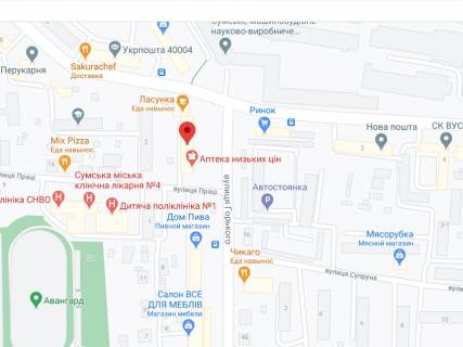 Billboard A in Sumi Gor'kogo st., 41, apteka "Med Servis", NoH010, prajs za rolik 10 sek 1 vihid/5 hvilin, z 8:00-22:00. Rozrahunok dla insih parametriv translacii utocnujte u menedzera. scheme