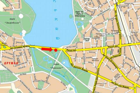 Citylight  in Ternopil, 1.8x1.2  Rus'ka st., bila parku "Topil'ce", damba, v centr scheme