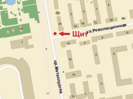 Billboard A in Krivy Rig, 3x6  Metalurgiv av., 20 - Til'gi (kol. Revolucijna) st., stadion "Metallurg", u bik Sobornosti (kol. Kosiora) st., niznij scheme