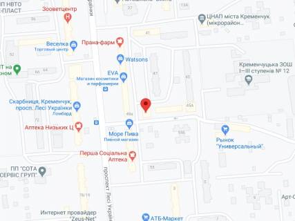 Billboard A in Kremenchuk Ukrainki av., 49B, apteka "Med Servis", NoH043, prajs za rolik 10 sek 1 vihid/5 hvilin, z 8:00-22:00. Rozrahunok dla insih parametriv translacii utocnujte u menedzera. scheme
