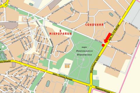 Billboard A in Ternopil, 3x6  Zluki av. / 15-go Kvitna st., bila TC "Mandarin", supermarketu "Sil'po", v centr,  prava scheme