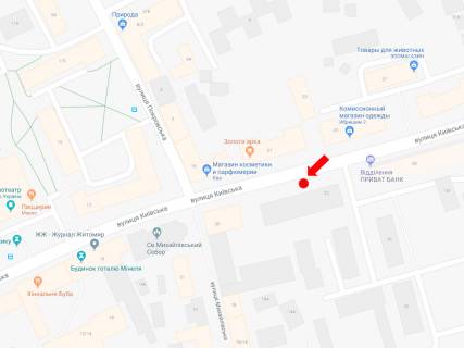 Citylight  in Zhytomyr, 1.8x1.2  Kiivs'ka st., 22 / st. Pokrovs'ka (kolis. st. Sorsa), zupinka <<Ukrtelekom>>, v centr scheme