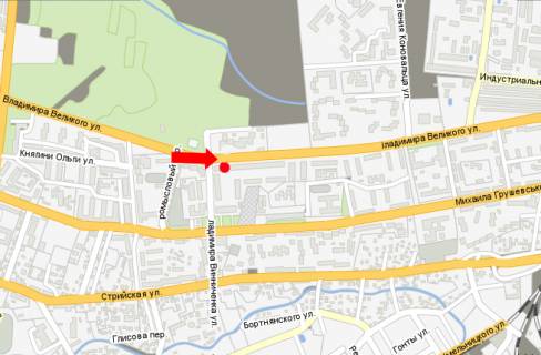 Billboard A in Drogobich, 3x6  Volodimira Velikogo st., bila magazinu <<M'asnij svit>>, v bik z/d vokzalu scheme