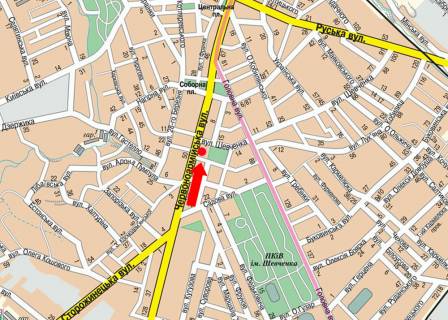 Citylight  in Chernivtsi, 1.8x1.2  Geroiv Majdanu st. (kol. Cervonoarmijs'ka st.), 17 / Brativ Rusnakiv st., v centr scheme