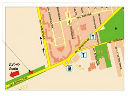 Billboard A in Rivne Dubens'ka st. (kolis. Sicovih Stril'civ st.) - Dorozna st., viizd z mista, v storonu m. Dubno scheme