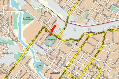 Billboard A in Kropyvnytskyi (Kirovograd), 3x6  Cikalenka st. (kol. Medvedeva st.) / Olefirenka st. (kol. Frunze st.), supermarket "ATB", park "Kovalivs'kij" scheme