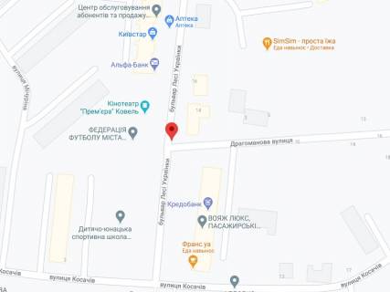 Video Billboard A in Kovel Ukrainki bst., 1, apteka "Volin'farm", prajs za rolik 10 sek 1 vihid/5 hvilin, na dvostoronn'omu ekrani, vid 144 vihodiv na den'. Rozrahunok dla insih parametriv translacii utocnujte u menedzera. - 301388 scheme