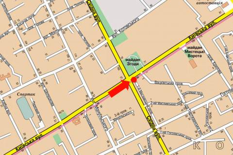 Citylight  in Zhytomyr, 1.8x1.2  Kiivs'ka st., 98 / Shidna st., navproti TC "Armarok", supermarketu "El'dorado", na svitlofori scheme