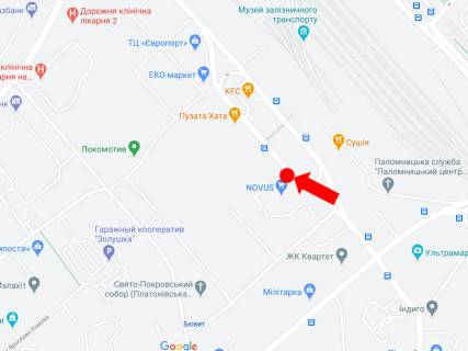 Backlight B in Kyiv, 2.3x3.14  Kirpi 5-B, bila supermarketu Novus, McDonald's, navproti Pivdennogo zaliznicnogo vokzalu, v bik av. Povitroflots'kogo scheme