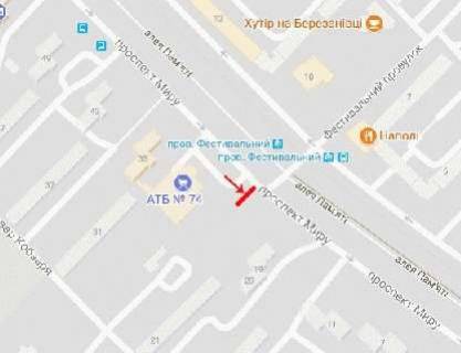 Billboard A in Dnipro (Dnipropetrovsk), 6х3  av.Miru, 33, bila "ATB-market", v centr scheme