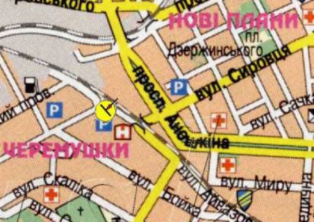 Billboard A in Kam'yanske (Dniprodzerzhinsk) Gotel' "Zora", peretin st.Burhana, st.M. Dragomanova ta st.T.Sevcenka, v centr  scheme