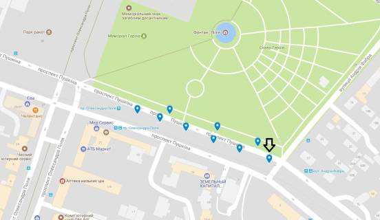 Citylight  in Dnipro (Dnipropetrovsk) av. Puskina, na rozpodil'cij alei, vid st. A.Fabra do prosp. O.Pola -1- scheme