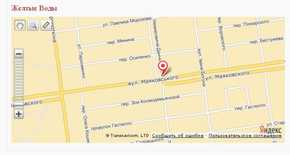 Billboard A in Zhovti Vodi, 3х6  perehresta st.Avangardna-st. Pokrovs'ka (kolisna st. Maakovs'kogo - Nemirovica - Dancenka scheme