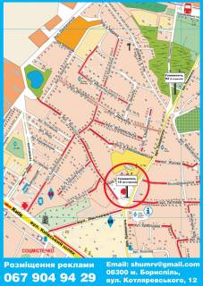 Billboard A in Boryspil, 3х6  st.  Golovatogo, 15 porad m-n "Fora", licej, dit.sadok scheme