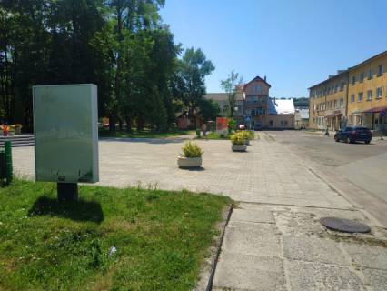 Citylight B in Mykolayiv (Lviv region), 1.8м.x1.2м.  m. Mikolaiv, st. L'vivs'ka/ pl. Rinok, pam. T.G. Sevcenku, Policia, Osadbank, Evromarket, Nas Kraj, Kopijocka ta in. Photo 1