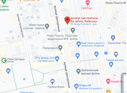 Billboard B in Irpin, 3x6  st.Central'na 8a, TC Irpin' Siti, vokzal, centr scheme