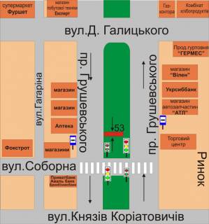 Billboard B in Kam'yanets-Podilsky, 3х6  av.Grusevs'kogo (miz st. Soborna ta st.D.Galic'kogo) scheme