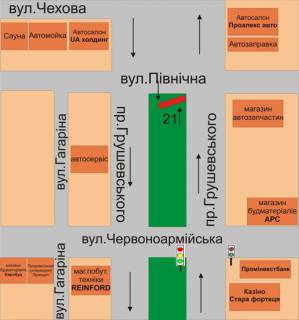 Billboard A in Kam'yanets-Podilsky, 3х6  perehresta av. Grusevs'kogo ta st. Pivnicna scheme