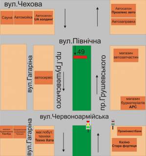Billboard A in Kam'yanets-Podilsky, 3х6  av.Grusevs'kogo(st.Pivnicna-st.Cervonoarmijs'ka) scheme