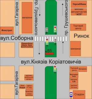 Billboard A in Kam'yanets-Podilsky, 3х6  rajon perehresta prospekt Grusevs'kogo-st.Knaziv Koriatoviciv scheme