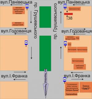 Billboard A in Kam'yanets-Podilsky, 3х6  perehresta av. Grusevs'kogo ta st.Panivec'koi (50m do st.Panivec'ka) scheme