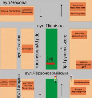 Billboard A in Kam'yanets-Podilsky, 3х6  r-n perehresta av.Grusevs'kogo ta st.Cervonoarmijs'ka scheme