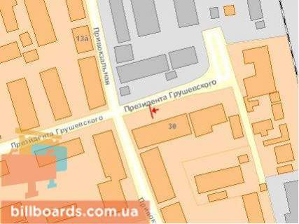 Billboard B in Lutsk, Щит 3x6  Privokzal'na pl / Grusevs'kogo st., v centr scheme