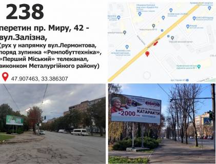 Billboard + in Krivy Rig av. Miru, 42 (zup. "Rempobuttehnika", Metalurgijnij vikonkom), ruh u napramku st. Lermontova scheme