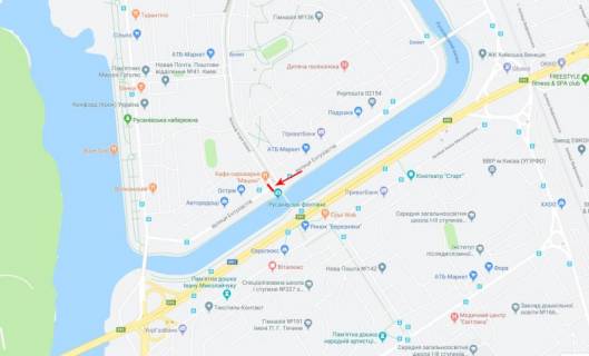 Billboard B in Kyiv, 2,15x4,05  Samo Igora st. 1, svitlofor, poruc supermarket "Fora", ruh v napramku  Rusanivs'koi nab. scheme