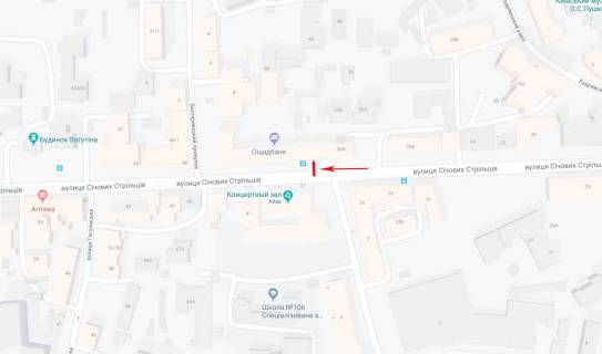 Cityscroll A in Kyiv, 1.2x1.8  Sicovih Stril'civ (Artema) st. 32-38, bila supermarketu Sil'po, ruh v napramku Behterovs'kij av. scheme