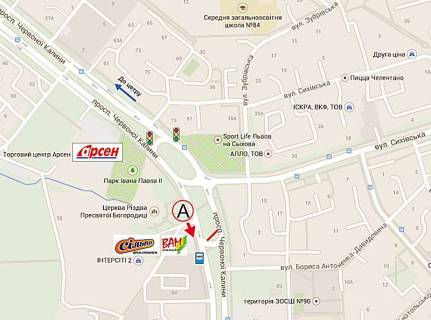 Billboard A in Lviv, 6х3  Cervonoi Kalini - Davidovica, (do Santa-Barbari) supermarket VAM-SIL'̱PO scheme