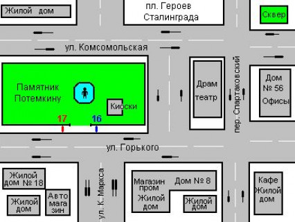 Backlight B in Kherson, 1.2x1.8  Teatral'na st. (Gor'kogo st.), 7 - Pot'omkins'kaa st. scheme