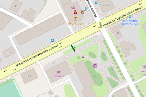 Billboard B in Zhytomyr, 3x6  Mihajla Grusevs'kogo st. (Kotovs'kogo st.), 50 - Knaziv Ostroz'kih st. (Seluskova st.) scheme