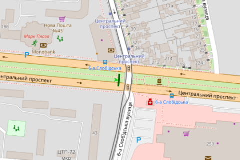 Billboard B in Mykolaiv, 3x6  Central'nij prosp. (Lenina prosp.) - 6-a Slobids'ka st. (Komsomol's'ka (Central'nij r-n) st.) scheme