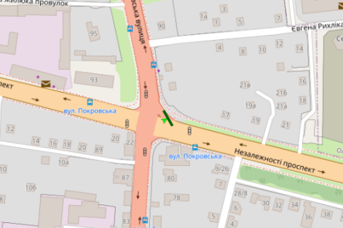 Billboard A in Zhytomyr, 3x6  Nezaleznosti prosp. (Vatutina st.) - Pokrovs'ka st. (Sorsa st.) scheme