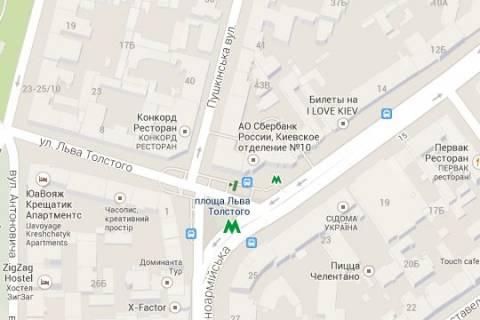 Backlight B in Kyiv, 1.2x1.8  Tolstogo L'va pl., 2 - Puskins'ka st.,  (pravoru) No1 - zupinka gromads'kogo transportu scheme