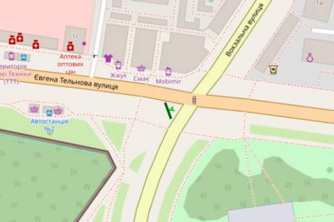 Billboard B in Kropyvnytskyi (Kirovograd), 3x6  Vokzal'na st. (Zovtnevoi Revolucii st.) - Evgena Tel'nova st. (No1) scheme